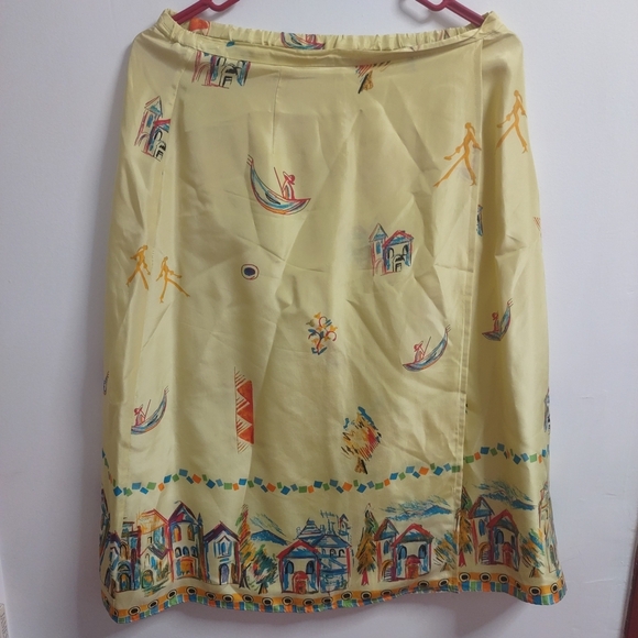 Marsh Landing Yellow 100%Silk A-Line Skirt with Colorful Print Size Small - Picture 5 of 10
